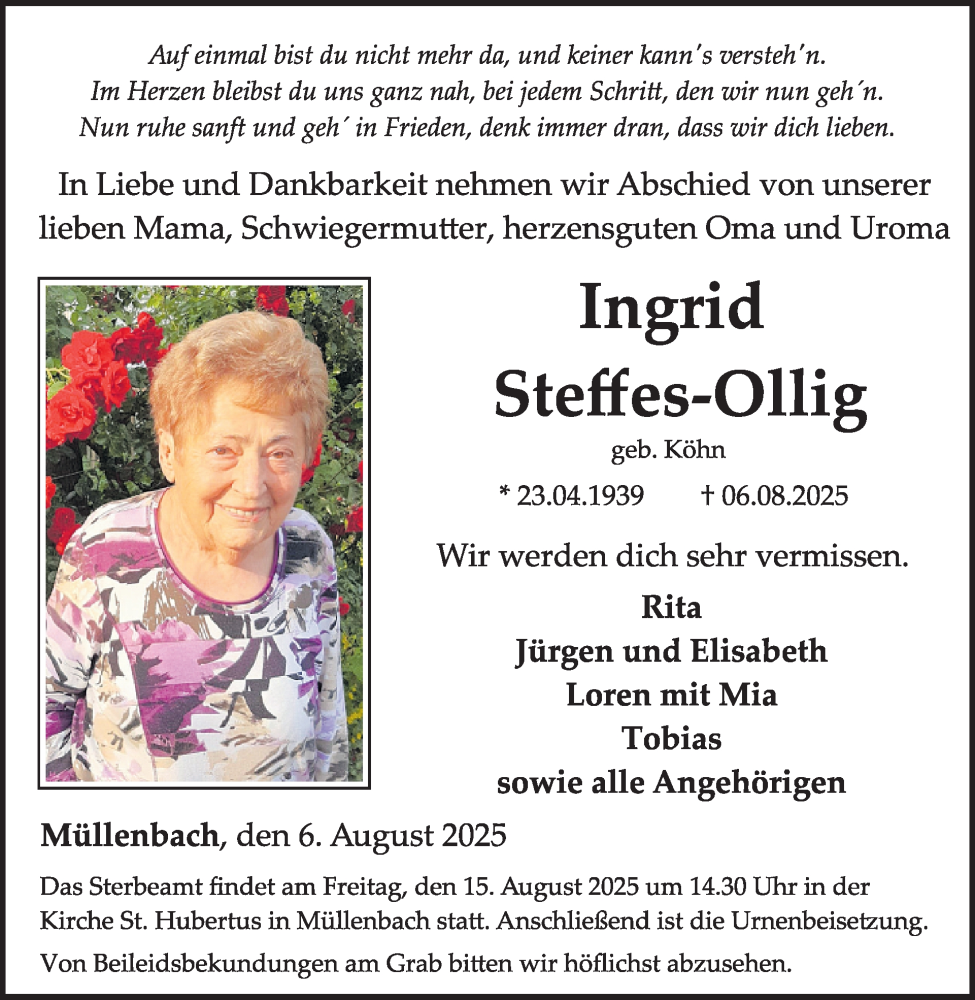  Traueranzeige für Ingrid Steffes-Ollig vom 13.08.2025 aus WochenSpiegel