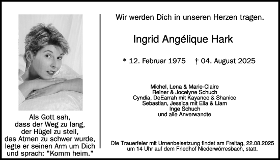 Traueranzeige von Ingrid Angélique Hark von WochenSpiegel