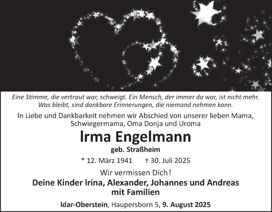 Traueranzeige von Irma Engelmann von WochenSpiegel
