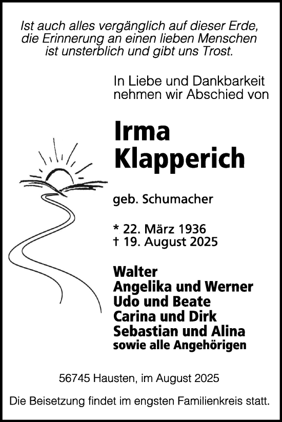 Traueranzeige von Irma Klapperich von WochenSpiegel