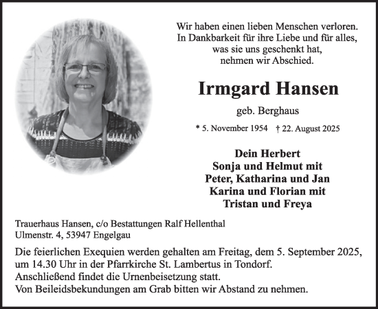 Traueranzeige von Irmgard Hansen von WochenSpiegel