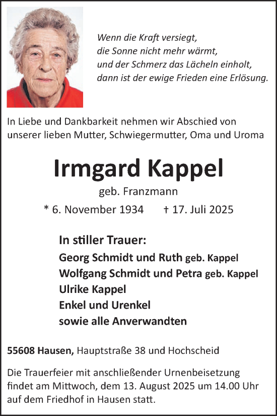 Traueranzeige von Irmgard Kappel von WochenSpiegel