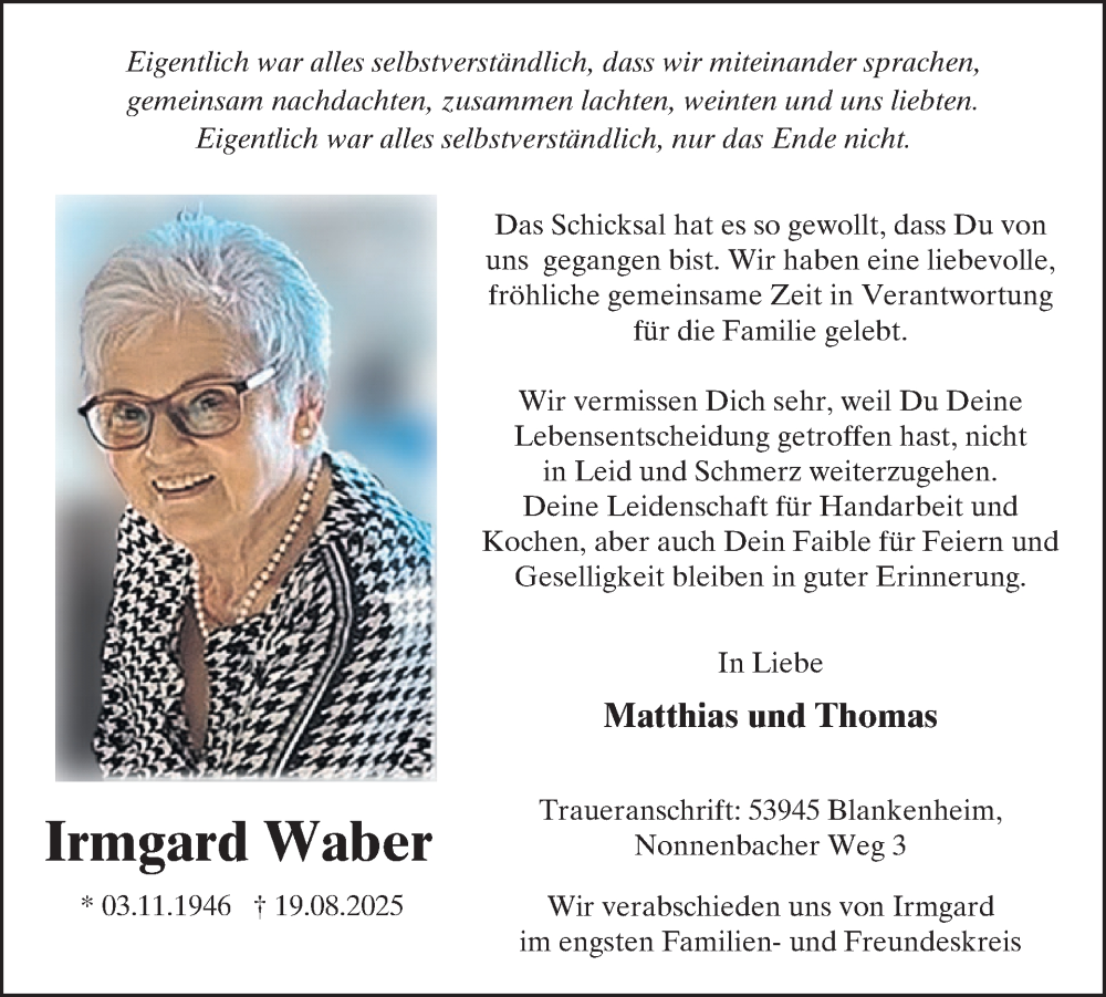  Traueranzeige für Irmgard Waber vom 27.08.2025 aus WochenSpiegel