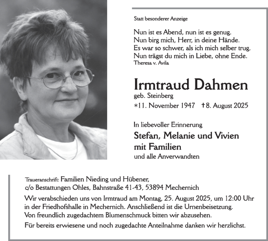 Traueranzeige von Irmtraud Dahmen von WochenSpiegel