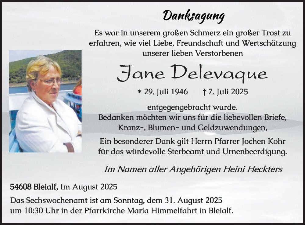  Traueranzeige für Jane Delevaque vom 22.08.2025 aus WochenSpiegel