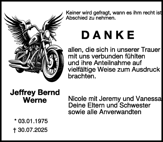 Traueranzeige von Jeffrey Bernd Werne von WochenSpiegel