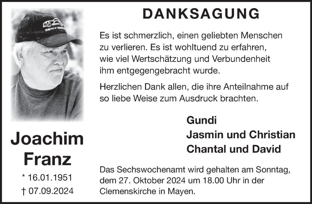  Traueranzeige für Joachim Franz vom 23.10.2024 aus WochenSpiegel