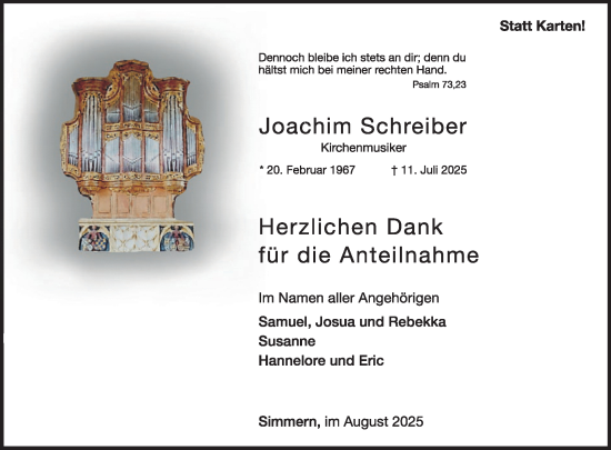Traueranzeige von Joachim Schreiber von WochenSpiegel