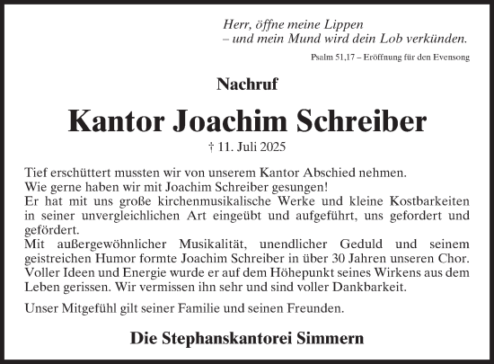 Traueranzeige von Joachim Schreiber von WochenSpiegel
