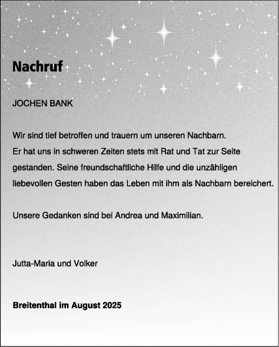 Traueranzeige von Jochen Bank von WochenSpiegel