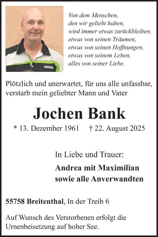 Traueranzeige von Jochen Bank von WochenSpiegel