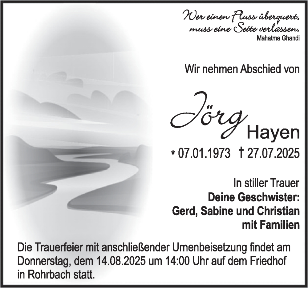  Traueranzeige für Jörg Hayen vom 09.08.2025 aus WochenSpiegel