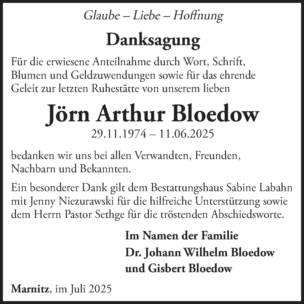  Traueranzeige für Jörn Arthur Bloedow vom 08.08.2025 aus WochenSpiegel