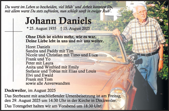 Traueranzeige von Johann Daniels von WochenSpiegel