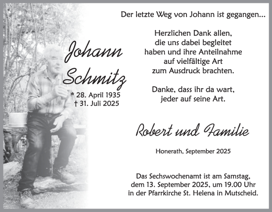 Traueranzeige von Johann Schmitz von WochenSpiegel