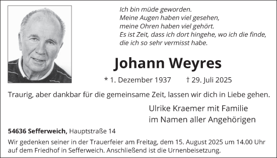Traueranzeige von Johann Weyres von WochenSpiegel