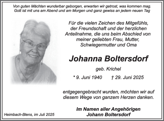 Traueranzeige von Johanna Boltersdorf von WochenSpiegel