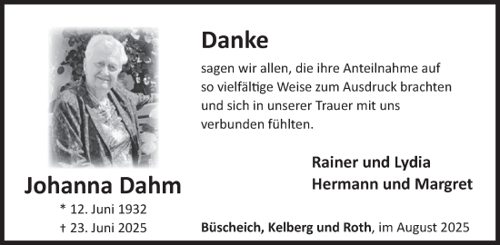 Traueranzeige von Johanna Dahm von WochenSpiegel