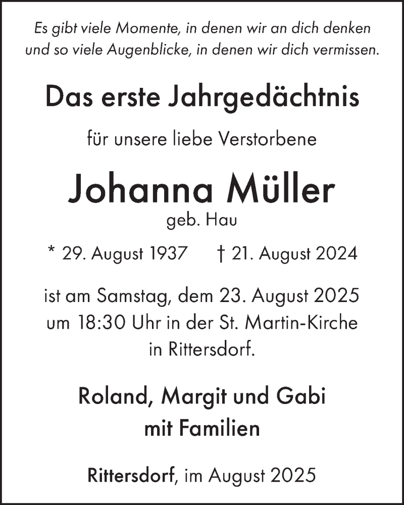  Traueranzeige für Johanna Müller vom 22.08.2025 aus WochenSpiegel