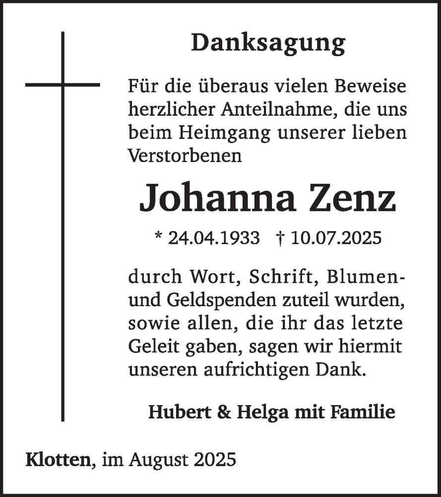  Traueranzeige für Johanna Zenz vom 13.08.2025 aus WochenSpiegel