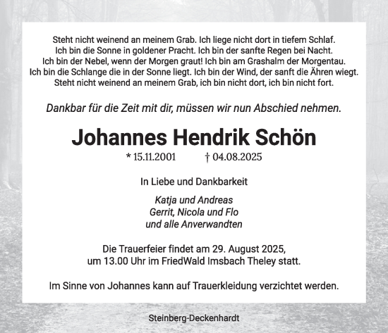 Traueranzeige von Johannes Hendrik Schön von WochenSpiegel