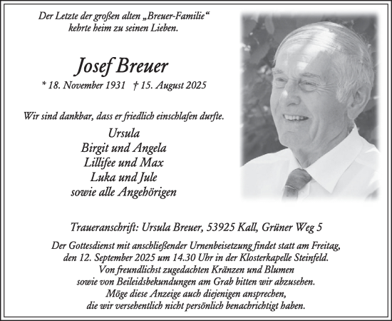 Traueranzeige von Josef Breuer von WochenSpiegel