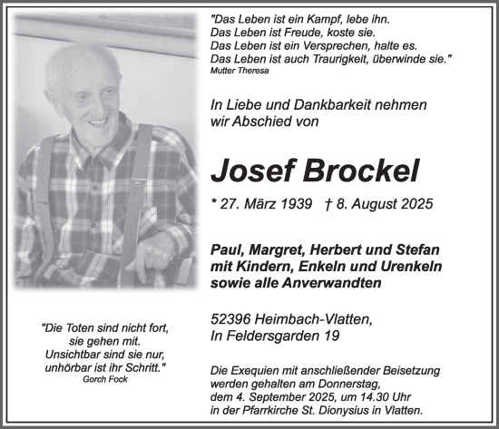 Traueranzeige von Josef Brockel von WochenSpiegel