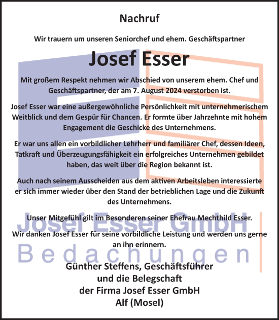 Traueranzeige von Josef Esser von WochenSpiegel