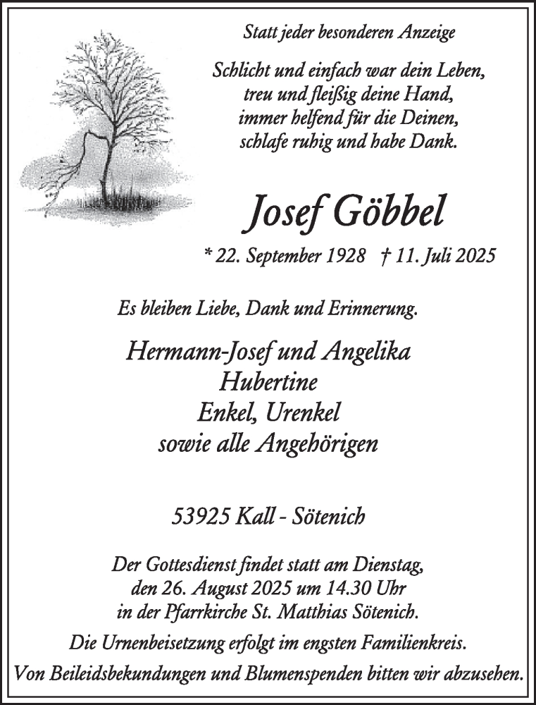  Traueranzeige für Josef Göbbel vom 20.08.2025 aus WochenSpiegel