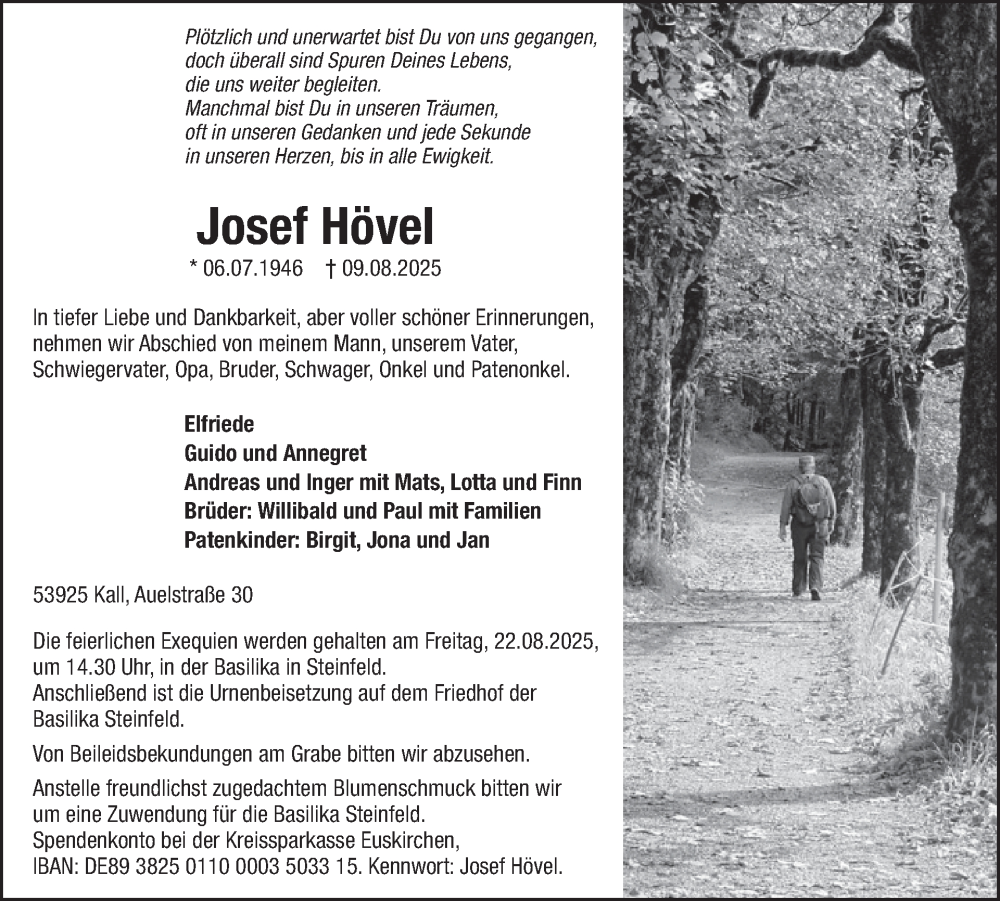  Traueranzeige für Josef Hövel vom 13.08.2025 aus WochenSpiegel