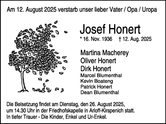 Traueranzeige von Josef Honert von WochenSpiegel