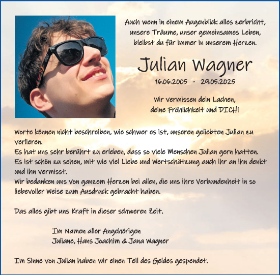 Traueranzeige von Julian Wagner von WochenSpiegel