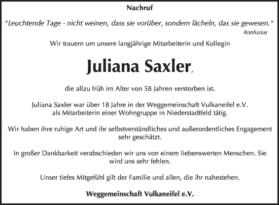 Traueranzeige von Juliana Saxler von WochenSpiegel