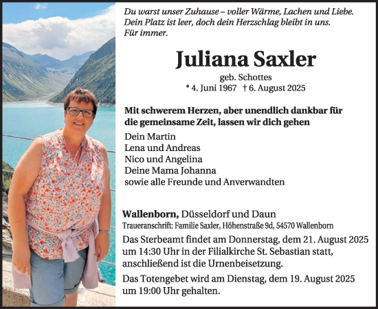 Traueranzeige von Juliana Saxler von WochenSpiegel