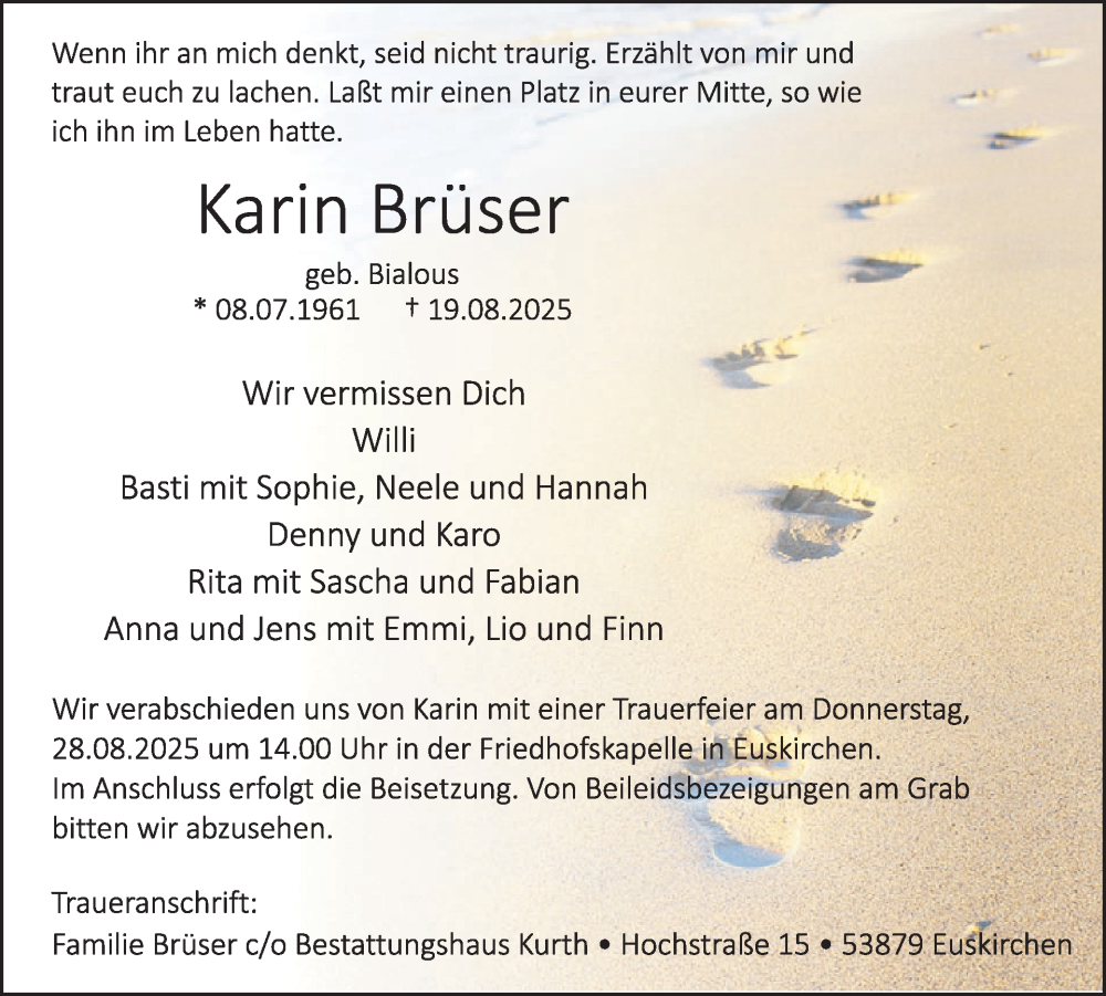  Traueranzeige für Karin Brüser vom 27.08.2025 aus WochenSpiegel