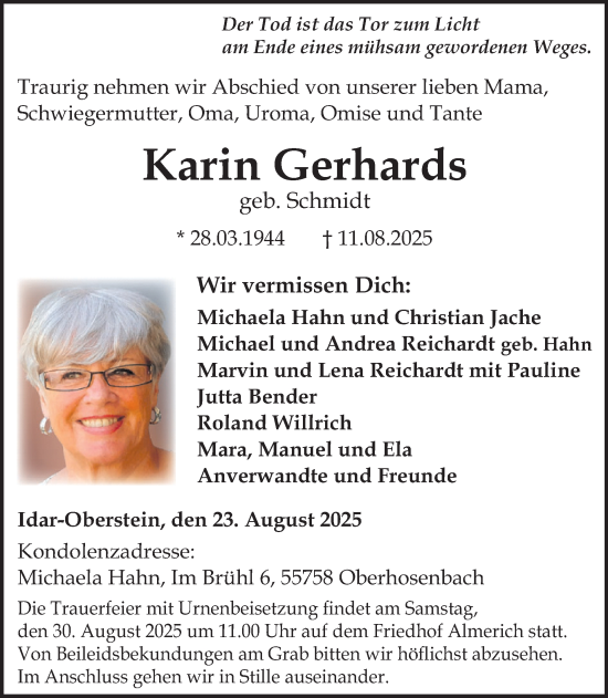 Traueranzeige von Karin Gerhards von WochenSpiegel