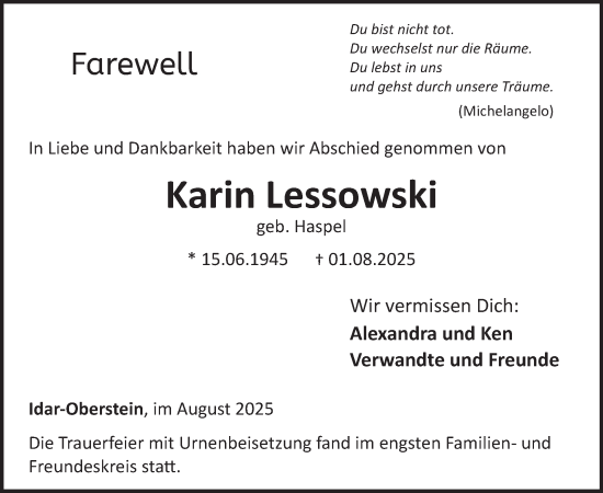 Traueranzeige von Karin Lessowski von WochenSpiegel