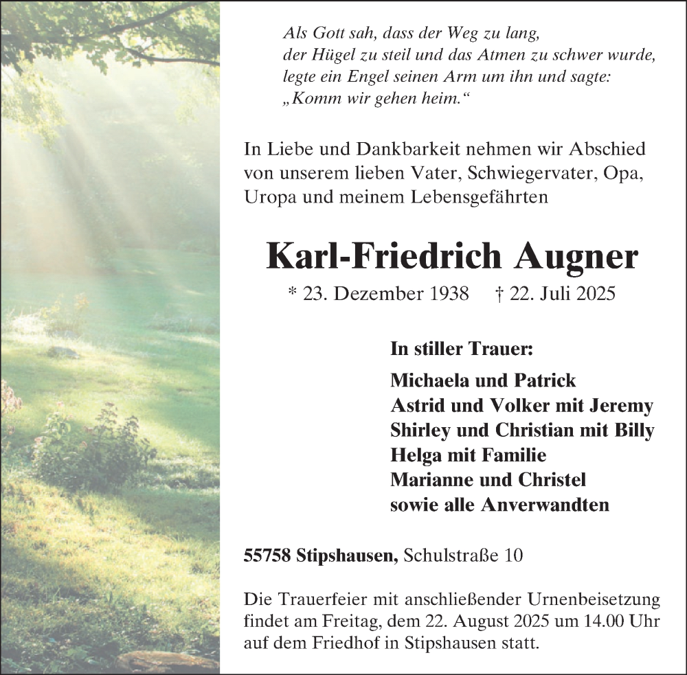  Traueranzeige für Karl-Friedrich Augner vom 09.08.2025 aus WochenSpiegel