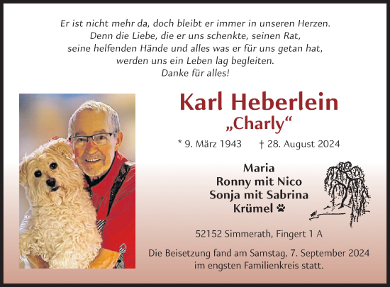 Traueranzeige von Karl Heberlein von WochenSpiegel