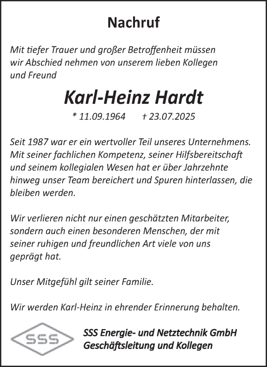 Traueranzeige von Karl-Heinz Hardt von WochenSpiegel