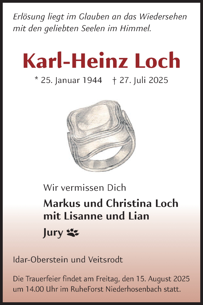  Traueranzeige für Karl-Heinz Loch vom 09.08.2025 aus WochenSpiegel