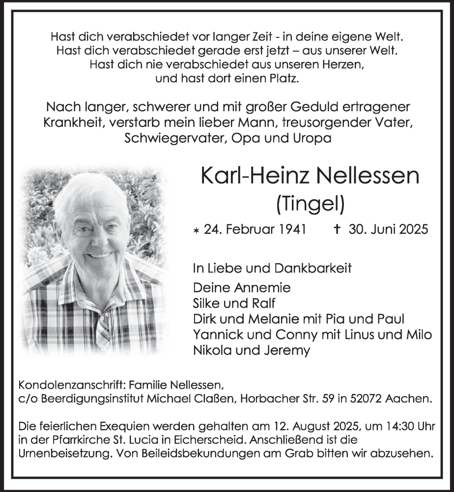  Traueranzeige für Karl-Heinz Nellessen vom 06.08.2025 aus WochenSpiegel