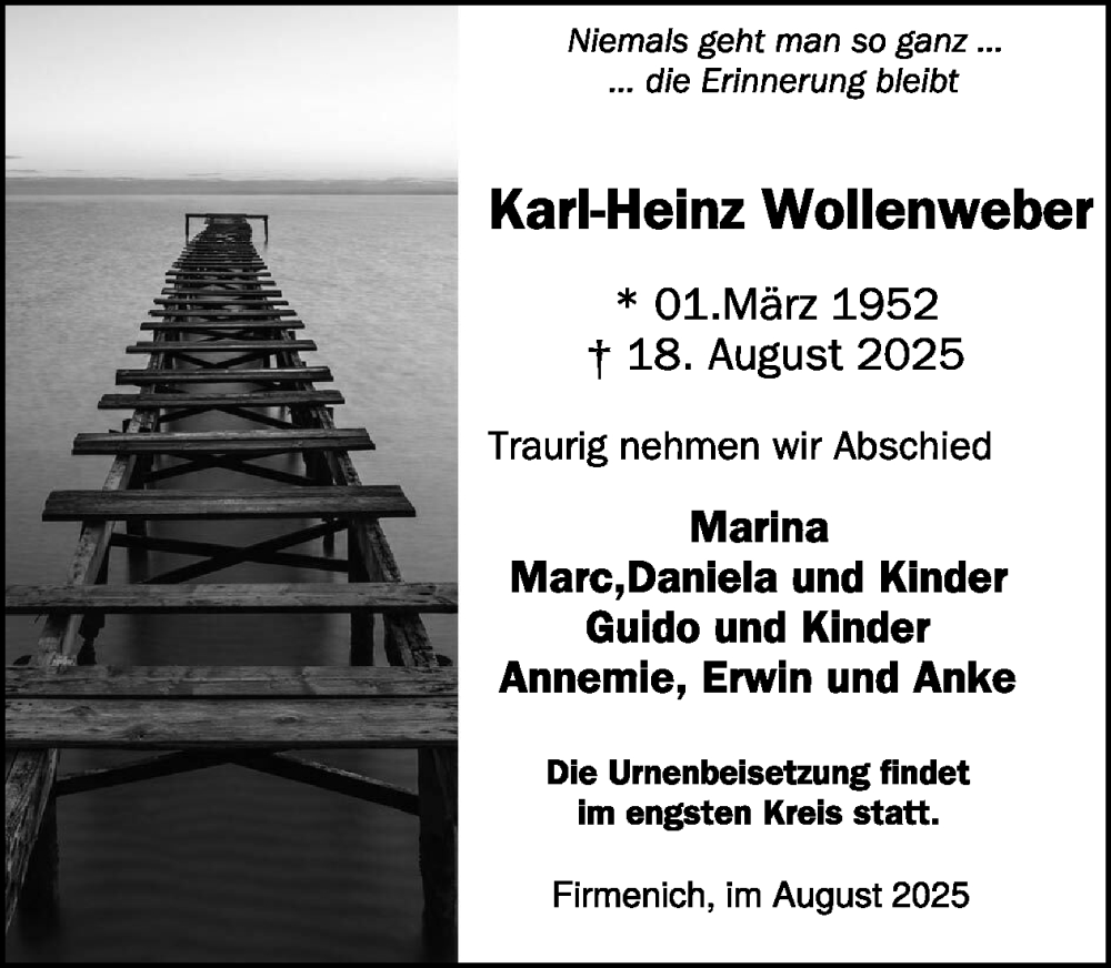  Traueranzeige für Karl-Heinz Wollenweber vom 27.08.2025 aus WochenSpiegel
