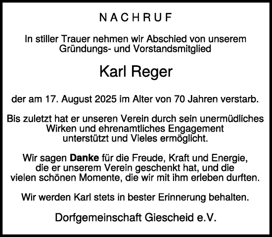Traueranzeige von Karl Reger von WochenSpiegel