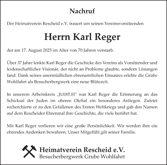 Traueranzeige von Karl Reger von WochenSpiegel