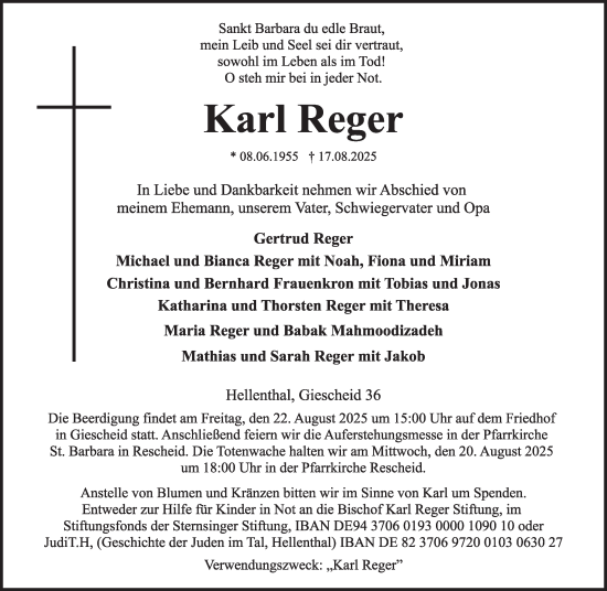 Traueranzeige von Karl Reger von WochenSpiegel