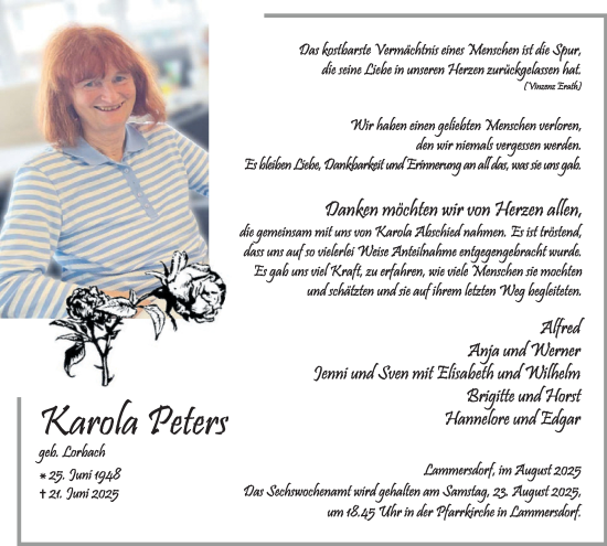 Traueranzeige von Karola Peters von WochenSpiegel