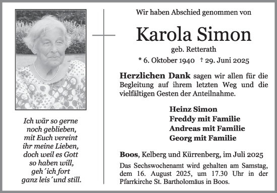 Traueranzeige von Karola Simon von WochenSpiegel