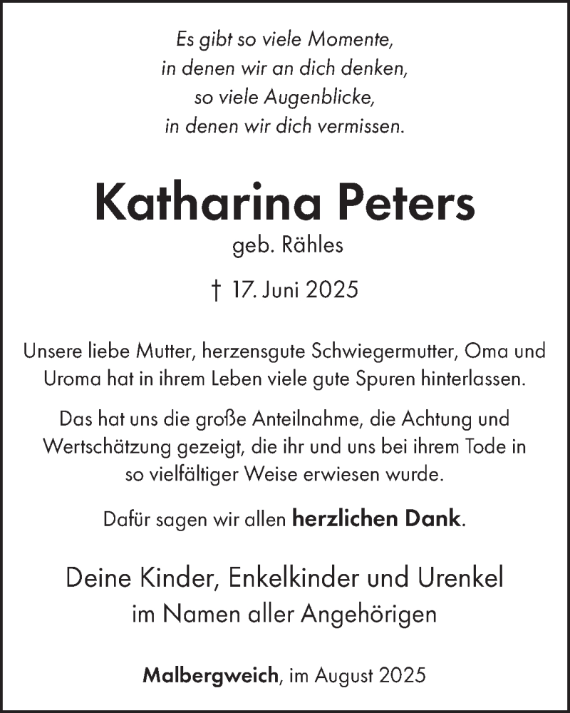  Traueranzeige für Katharina Peters vom 08.08.2025 aus WochenSpiegel