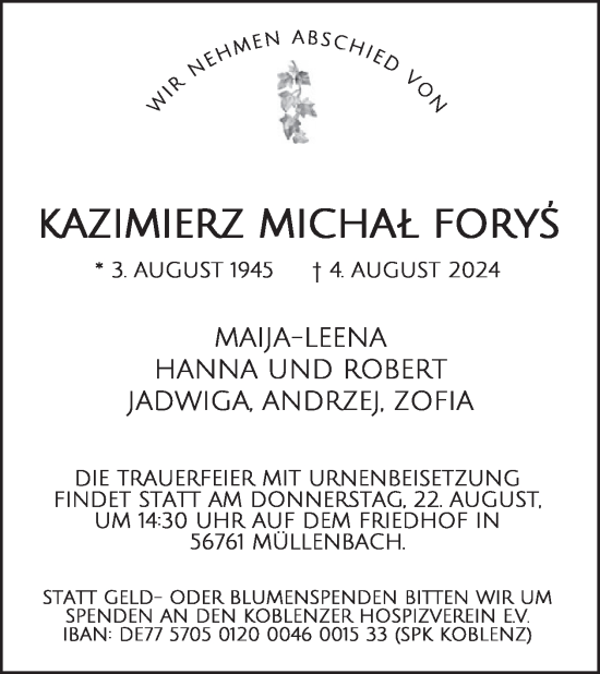Traueranzeige von Kazimierz Michal Forys von WochenSpiegel